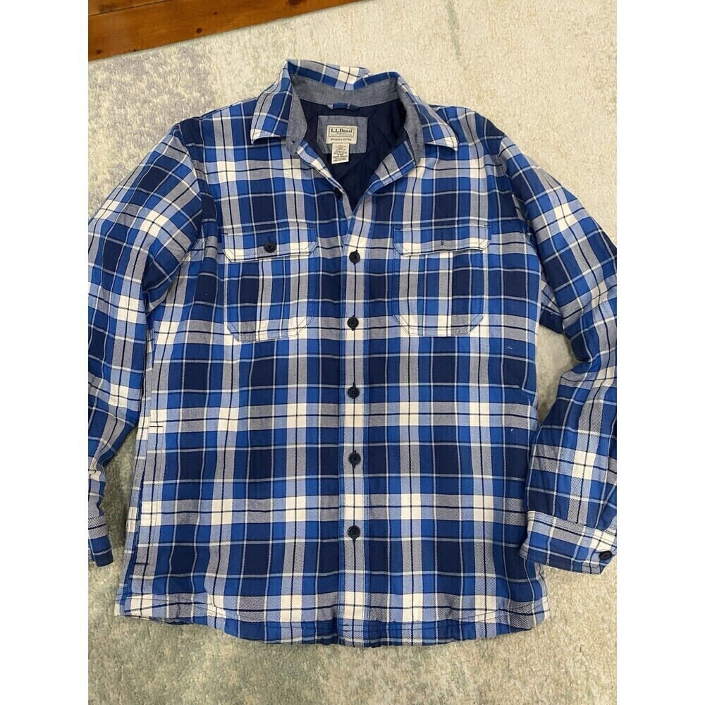 LL Bean Jacket Adult Med Blue Plaid Tartan Shacket Button Quilted Outdoor Mens